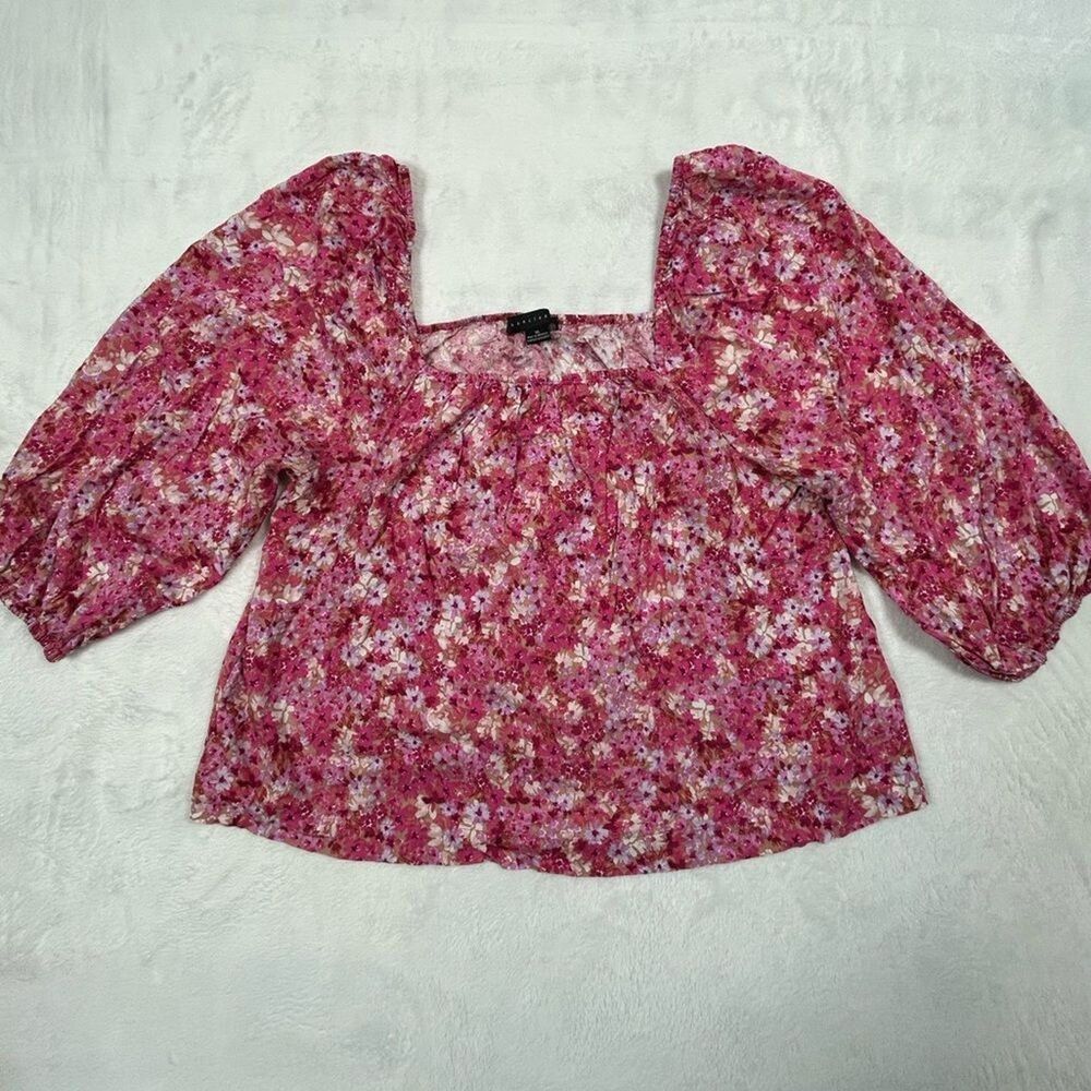 Sanctuary Pink Floral Blouse Women’s XL Puff Wide 3/4 Sleeves Cropped